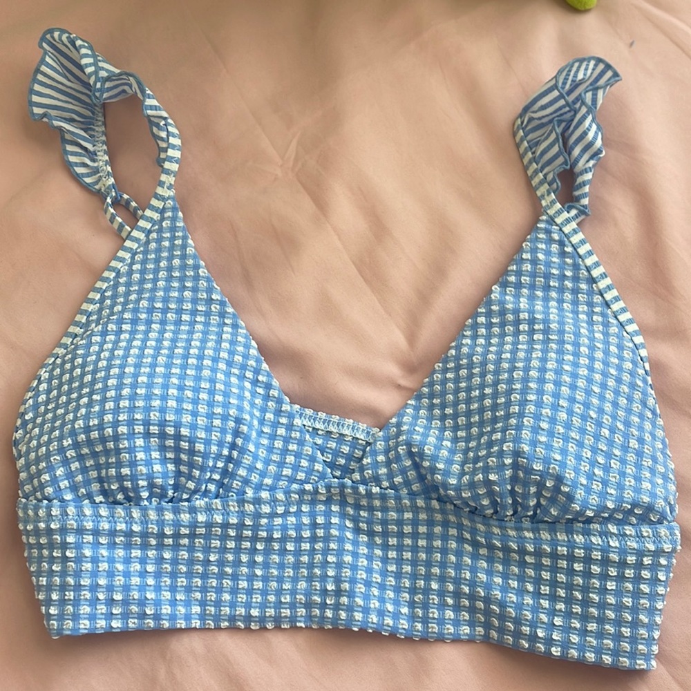 Aerie blue gingham print bikini top